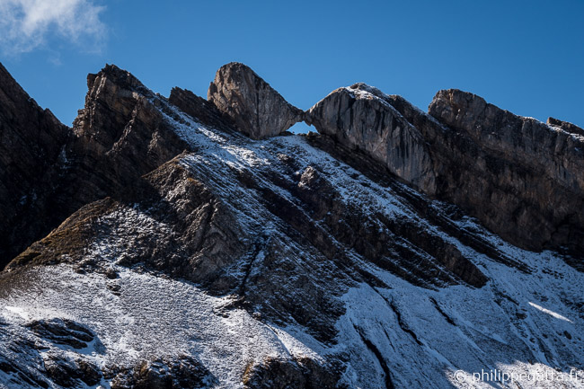 Trou de la Mouche and Rocher Perfia seen from the Combe of Paccaly (© P. Gatta)